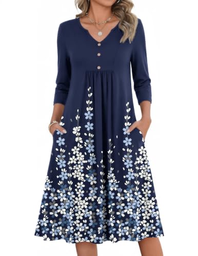 Image of Zeagoo Womens Dresses 3 /4 Sleeve Casual Fall A Line Midi Dress with Pockets