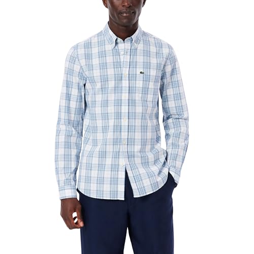 Lacoste Men's Check Print Stretch Shirt, White, Overview, & Gipsy Blue, Large