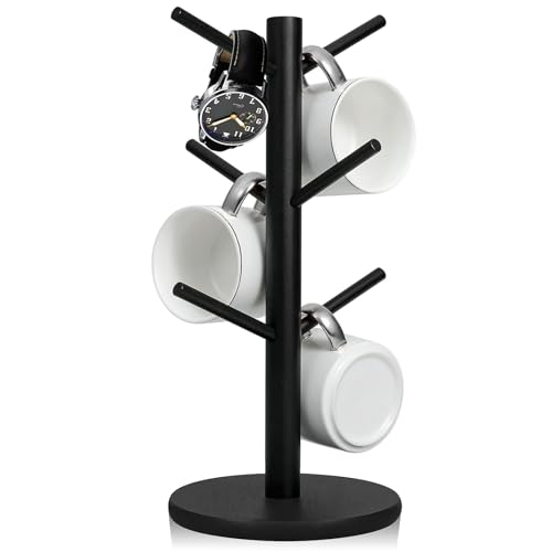 FLZONHUT Support de Tasse à Café,Porte-Gobelet à Café en Bois avec Base épaisse,Support de Rangement avec 6 Crochets,Multifonction Mug Suspendu pour Tasses,Thé et...