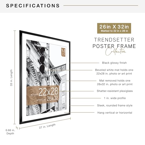 Image of MCS Trendsetter Poster Frame With Mat Option, 26x32 Matted to 22x28, Black | Trendsetter Poster Frame For Photos, 26x32 Inch, Displays 22x28 Inch Matted Or 26x32 Unmatted, Black, 1-Pack