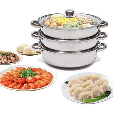 28cm Three Layers Stainless Steel Steamer Suitable for All Stoves, 27.6cm x 16cm, Sturdy Steel Handles, 3-Tier Construction Cover