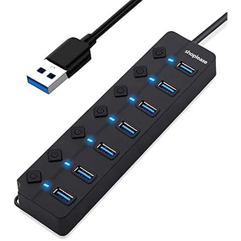 7-Port USB 3.0 Hub with Individual Power Switches and Lights, High-Speed Data Hub Splitter Portable USB Extension Hub for PC Laptop and More (No Power Adapter) Cover
