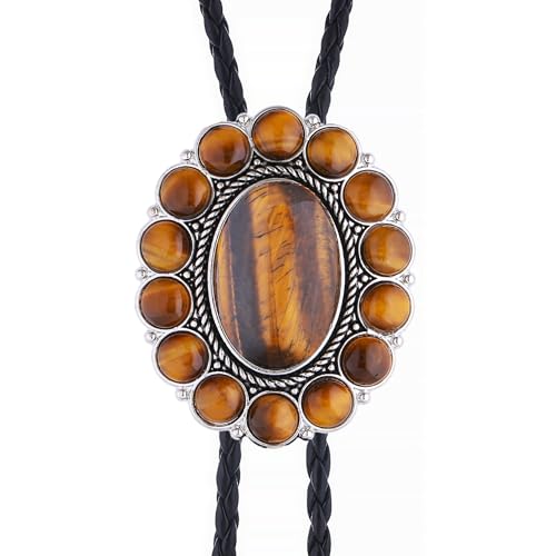 Image of GelConnie Bolo Tie for Men Women Western Cowboy Turquoise Leather Necktie | Natural Stone Bolo Tie Necklace for Women Rodeo Cowboy Leather Necktie Native American Western Cowgirl Ties Adjustable Cord