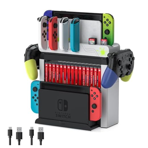 Switch Game Storage with Controller Charger for Nintendo Switch & OLED Model (Designed for Splatoon 3), Switch Charging Dock Charges 6 Joycons, Gaming Accessories Holder Switch Gift Card Organizer