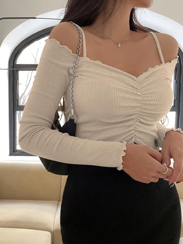 Image of Sugathari Women's Purple Solid Colour Open Cold Off Shoulder Long Sleeve Lettuce Hem Casual Autumn Trim Tight- Slim Fitting Ruched Front Ladies' Camisole Top, Tee, T-Shirt (T-Shirt 184)
