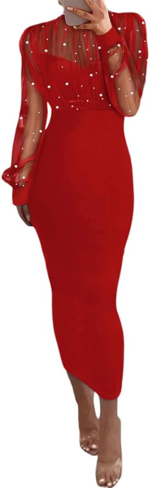CHICME Women's Sexy Bodycon Midi Dress Mock Neck Long Sleeve Sheer Dresses Beaded Night Club Party Dresses