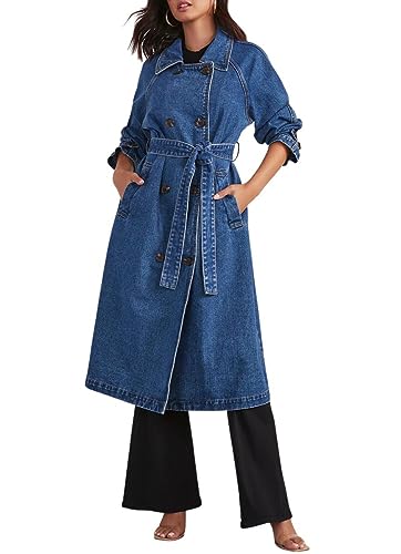 chouyatou Women's Vintage Midi Long Jean Jacket Loose Fit Double Breasted Denim Jacket Trench Coat with Belt