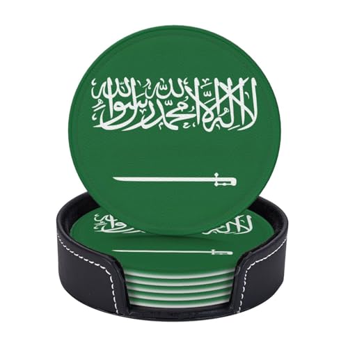 Lot de 6 sous-verres ronds en cuir synthétique avec support, motif drapeau de l'Arabie Saoudite