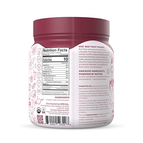 KOS Organic Beet Root Powder - Natural Nitric Oxide Boosting Beet Root Powder - USDA Organic, Stamina Increasing, Circulation Superfood Plant Based Ingredient, 360g, 90 Servings