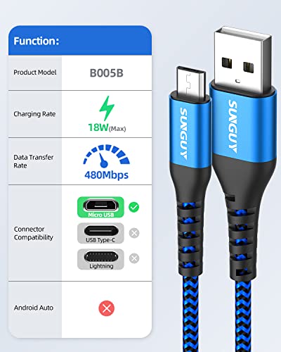 Image of SUNGUY Short Micro USB Cable 1FT[3Pack], 18W USB to Micro USB Cable Fast Charging USB 2.0 Data Sync Nylon Braided for Samsung Galaxy S7 Edge S6, Power Bank, Android Phone, PS4 Blue