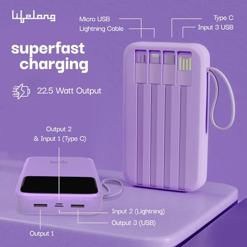 Lifelong Electronics 20000mAh 22.5W Fast Charging Power Bank | 3 Inputs (1 Built-in USB A Cable + 1 C + 1 Lightning Port) & 6 Outputs (3 Built-in Cables + 1 C + 2 A Port) | Small Pocket Size Powerbank view 2