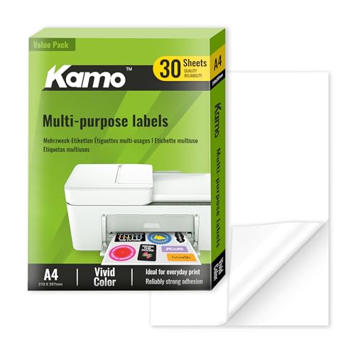 kamo Premium Weißes Stickerpapier – 30 Blätter, Bedruckbare matte Selbstklebende Etiketten für Laser- und Tintenstrahldrucker, A4, 210 x 297 mm, 1 Etikett pro Blatt