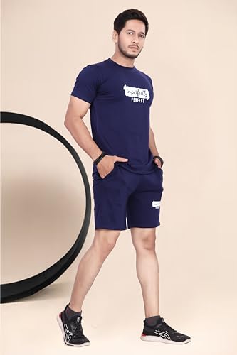 Image of HOODMASTER Men's Cotton Night Suit Set of Top & Knee Length Shorts with Round Neck Half Sleeves Solid Pattern Regular Fit and Standard Length | Mens Cotton Night Suit | T-Shirt and Shorts Sets