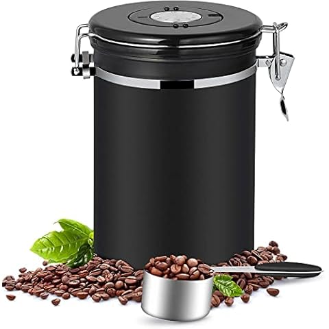 Dreamhigh® Kaffeedose Luftdicht 1kg Bohnen - Kaffeebehälter aus Edelstahl mit Messlöffel - Schwarz, 2800 ml Cover