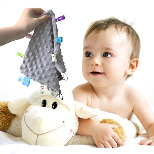 Image of CREVENT Tag Security Blankets for Babies, Soft Small Taggie for Boys Girls, Baby Comforter Sensory Blanket, Great Gifts for Birthday Baby Shower 10 inchX10 inch (Pink+Grey)
