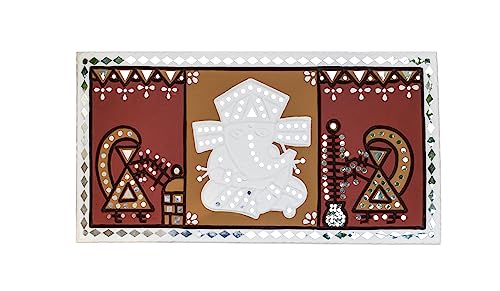 Image of Ethnics of Kutch Traditional Kutch Handicraft Mud-Mirrorwork Lippan Kam Wall Art (Water and Break Resistant) - Rectangle (24 Inch x 12 Inch) - (White - LKT-0410)