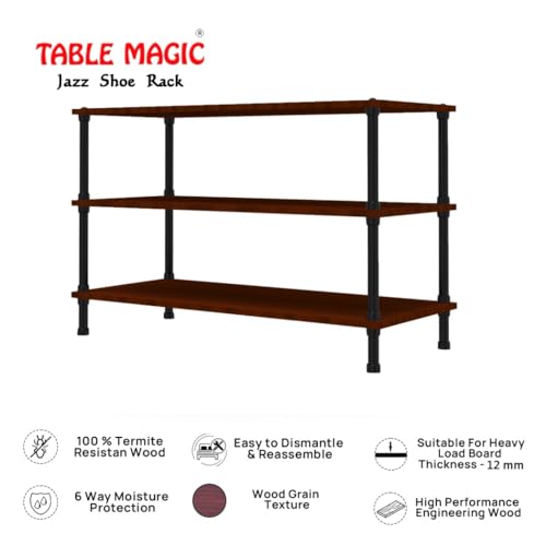 Image of TABLE MAGIC Jazz Shoe Rack Wooden Organizer | 3-Tier Multipurpose Shoes Stand for Home Wooden Shelves with & Steel Frame, Space-Saving Home Organizer, D30 x W60 x H46cm - Mahogany