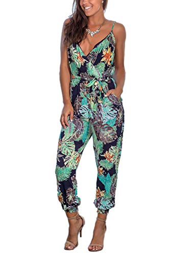 AELSON Women's Casual Spaghetti Strap Floral Print V-Neck Sleeveless Summer Beach Jumpsuits Rompers with Pockets