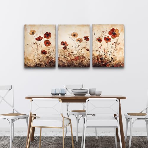 DZRWUBHS Boho Wall Art For Living Room Minimalist Wall Decor For Bedroom Vintage Flowers Pictures Office Decorations Bathroom Canvas Prints Modern Aesthetic Home Decor Artwork 3 Piece Ready To Hang