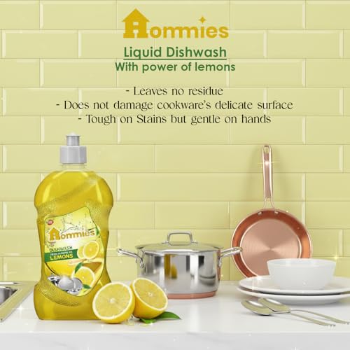 Image of Hommies Lemon Dishwash Liquid Gel Refill Pack 500ml Pack of 2 | No Residue Grease Cleaner Kitchen Soap for Utensils | Tough on Stains Gentle on Hands