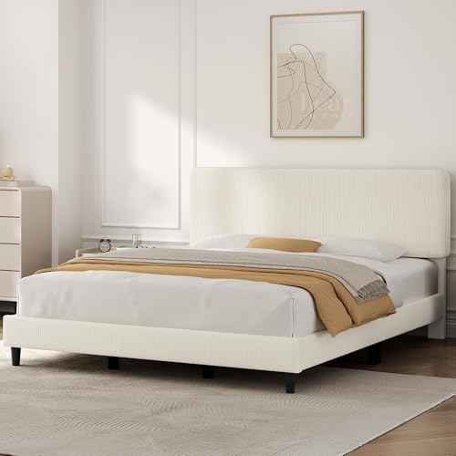 Image of Yaheetech King Bed Frames with Adjustable Headboard, Chenille Fabric Upholstered Headboard /Platform Bed, King Size Bed Frame No Box Spring Needed /Wood Slats Support /Easy Assembly /Beige