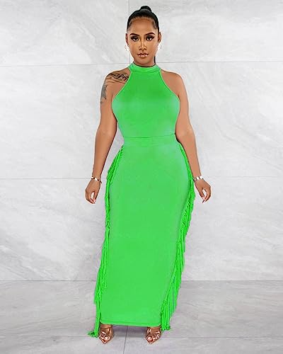 Image of YUEWOO 2 Piece Outfits for Women Sexy Crop Top Ruched Bodycon Maxi Dresses Fringe Skirt Sets Night Club Jumpsuits