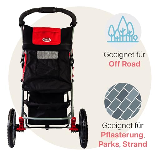 Hundewagen/Katzenwagen - Innopet Comfort EFA Eco schwarz/rot – faltbarer Hundebuggy für Waldwege & Strand, geländegängig, pannensichere 30cm Räder – 2 Leinen innen - Haustierwagen