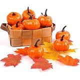 DomeStar Artificial Pumpkins for Decoration, 12PCS Mini Fake Pumpkins with 30PCS Lifelike Maple Leaves, Artificial Vegetables for Halloween Thanksgiving Autumn Ornaments