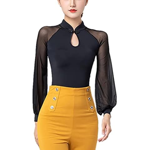 Whitewed Stretch Puff Poet Long Sleeve Mandarin Collar Top High Collar Shirt for Latin Ballroom Dance Black Cover