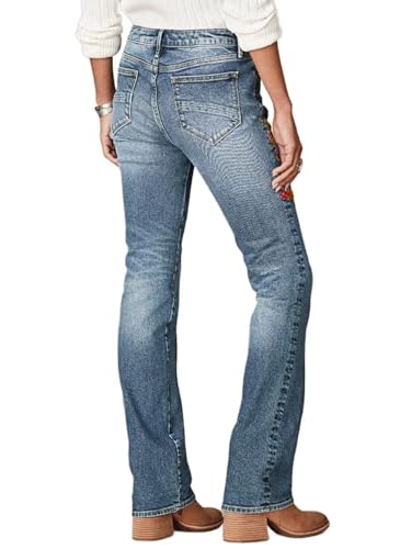 Flamingals Women's Floral Embroidery Mid Waist High Stretch Bootcut Jeans with Pockets4