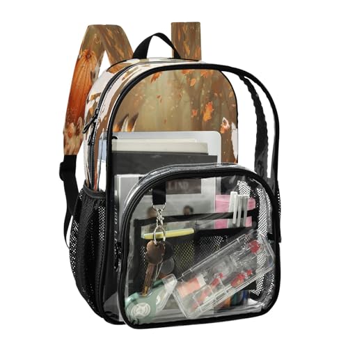 Clear Backpack for School The Lovely Furry Tail Fox and Hedgehog Surround A Big Orange Pumpkin Transparent Bookbag for Girls See Through PVC Boy Backpacks2