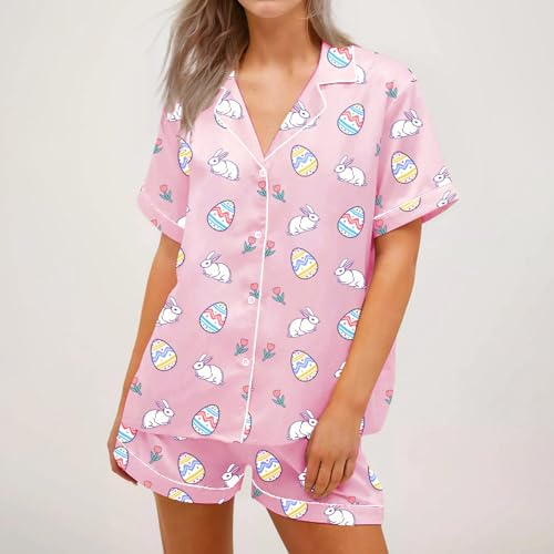 Image of Women Easter Pajamas Set Cute Bunny Button Down Shirt and Shorts 2 Piece Pj Set Y2K Easter Outfits