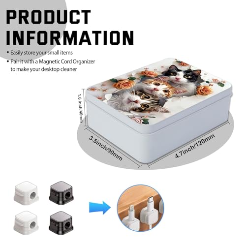 Image of Metal Tin Box with Lid for Game Cards Home Organizer Candles Keys Crafts Storage - Comes with 4 Magnetic Cord Clips，Cute Cats and Roses