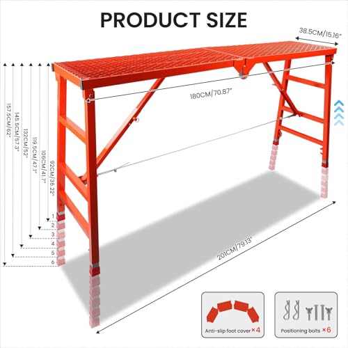 Foldable Scaffolding Platform, 70.8x15.2x36.2-62 Inch Welded Steel Work Platform, 770 Lbs Capacity, Adjustable Height Industrial Step Ladders, Ideal for Painting, Wiring and Home Decor, Red - Thumbnail 3