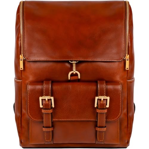 Image of Time Resistance Leather Backpack - Laptop Travel Bag Rucksack up to 15 inch - Bag for Men and Women (Cognac Brown)