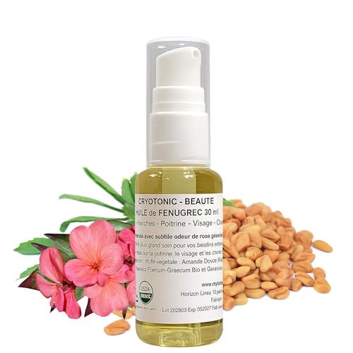 Huile de Fenugrec pour Poitrine, Fesses, Hanches, Acné, Cheveux | 100% naturelle, nouvelle odeur de Rose, bio (30 ml)