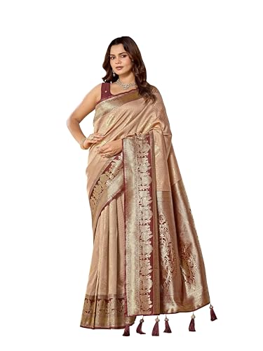 MANOHARI Ethnic Banarasi Silk Blend Saree Beige Color with Maroon Border for Festive & Bridal Functions_MN2112