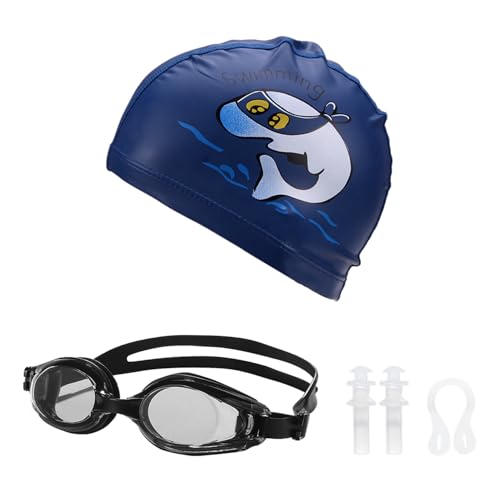 1 Gorro De Natación para Niños, 1 Pieza De Gafas De Natación, 1 Pieza De Clip para La Nariz, 1 Par De Tapones para Los Oídos, Gorro De Natación con Delfines