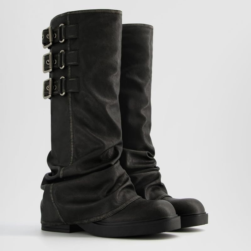 ClassicSter Fold Over Knee High Boots Slouch Boots for Women Chunky Goth Platform Boots,2 inch Heel Wide Calf Long Boots Square Toe Riding Boots3