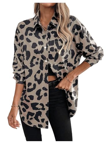 GORGLITTER Bluse Leoprint Damen Button-down Blusen Casual Cardigan Langarm Longbluse Locker Hemden Leopardmuster Leo Bluse mit Knöpfen Khaki M GORGLITTER Bluse Leoprint Damen Button-down Blusen Casual Cardigan Langarm Longbluse Locker Hemden Leopardmuster Leo Bluse mit Knöpfen Khaki M