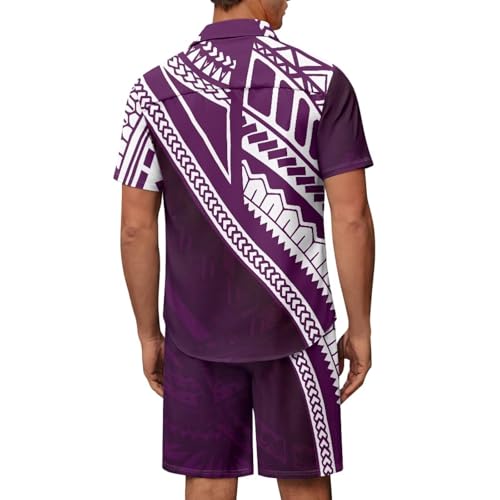 Aloha Tribal Mens Polynesian Hawaiian Matching Set Short Sleeve Button Down Hawaiian Shirt and Beach Shorts Set3