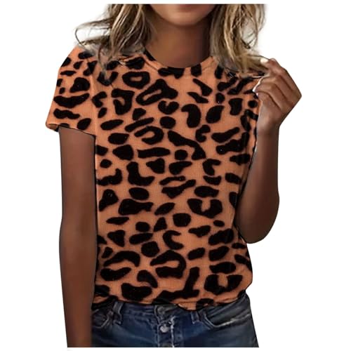 EYNMVR Damen Bluse mit Leopardmuster Oberteil Leopard Blusetop Kurzarm Hemdshirt Office Chiffonbluse Kurzarmshirt mit Puffärmel Bluse Damen Langarm Shirt Damen Kurzarm Damen Tshirt Sexy Orange XL
