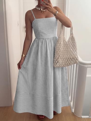 Image of Caracilia Womens Maxi Dresses Gingham Spaghetti Strap Back Smocked Flowy Long Sundress Summer Beach Vacation Clothes 2026
