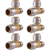 SharkBite Max 3/4 Inch x 1/2 Inch x 3/4 Inch Reducing Tee, Pack of 6, Push To Connect Brass Plumbing Fitting, UR444