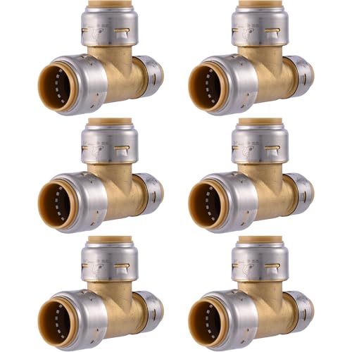 Image of SharkBite Max 3 /4 Inch x 1 /2 Inch x 3 /4 Inch Reducing Tee, Pack of 6, Push To Connect Brass Plumbing Fitting, UR444