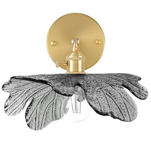 Image of Mid Century Wall Sconce 1-Light Vintage Glass Vanity Light - Gray Flower Shade Antique Gold Brass Wall Light Fixture 90 Degree Adjustable for Dining Room Living Room Farmhouse Stairs