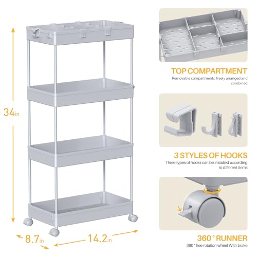 Image of SPACELEAD 4 Tier Rolling Cart with Wheels, Storage Craft Art Trolley Organizer Serving, 3 Hanging Baskets Easy Assembly, for Office, Living Room, Kitchen