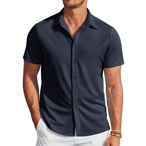 COOFANDY Mens Casual Wrinkle Free Shirts Short Sleeve Button Down Summer Stretch Dress Shirt Small Navy Blue