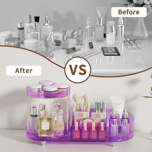 Image of 360 Rotating Vanity Makeup Organizer, 2 Small Trays & 5 Compartments for Cosmetics, Skincare, Perfume, Lipstick & Make up Brushes Holder, Purple Countertop Organizers and Storage for Dresser, Bathroom