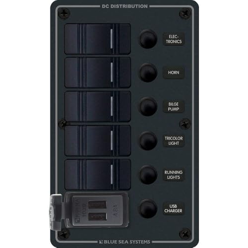 Blue Sea 8521-5 Position Contura Switch Panel w/Dual USB Chargers - 12/24V DC - Black